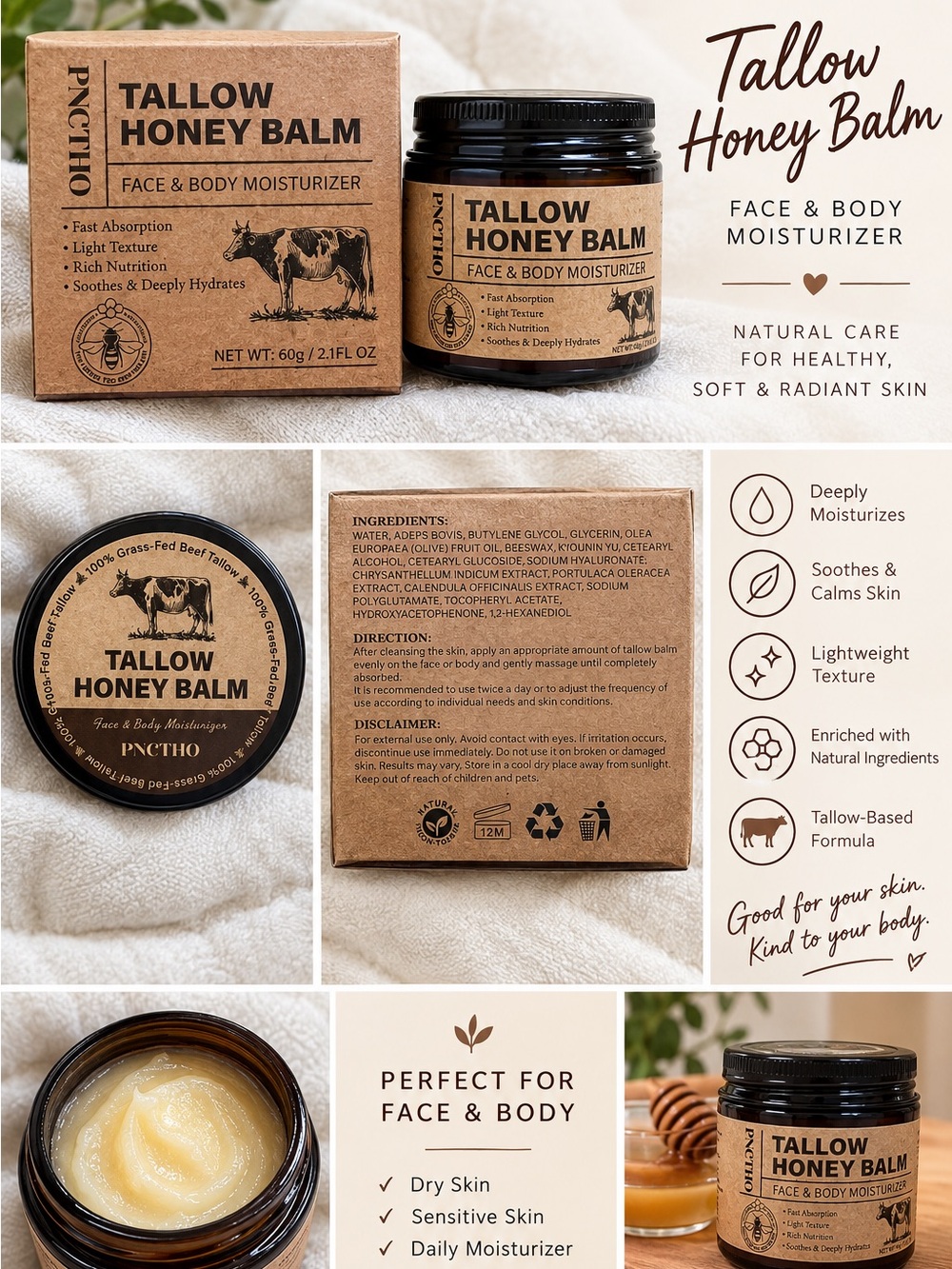 Tallow Honey Balm Face & Body Moisturizer — Natural